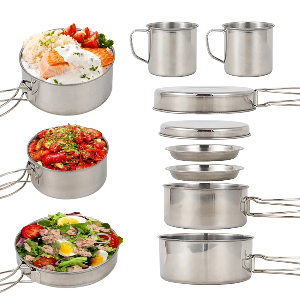 8 pçs/set panelas de acampamen - Camping Cooking Pot Set avaliação e preço